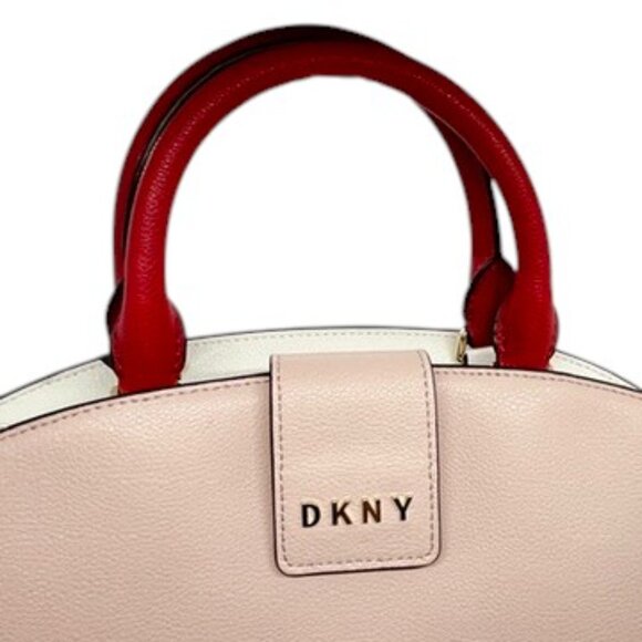 DKNY CLARA LEATHER SATCHEL CROSSBODY BAG RED PINK GOLD TONE COLORBLOCK NWT - Picture 3 of 13